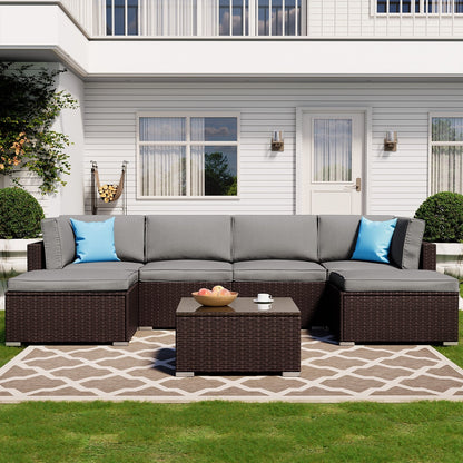Canapé sectionnel en osier 7 pièces pour patio extérieur COSIEST avec table basse