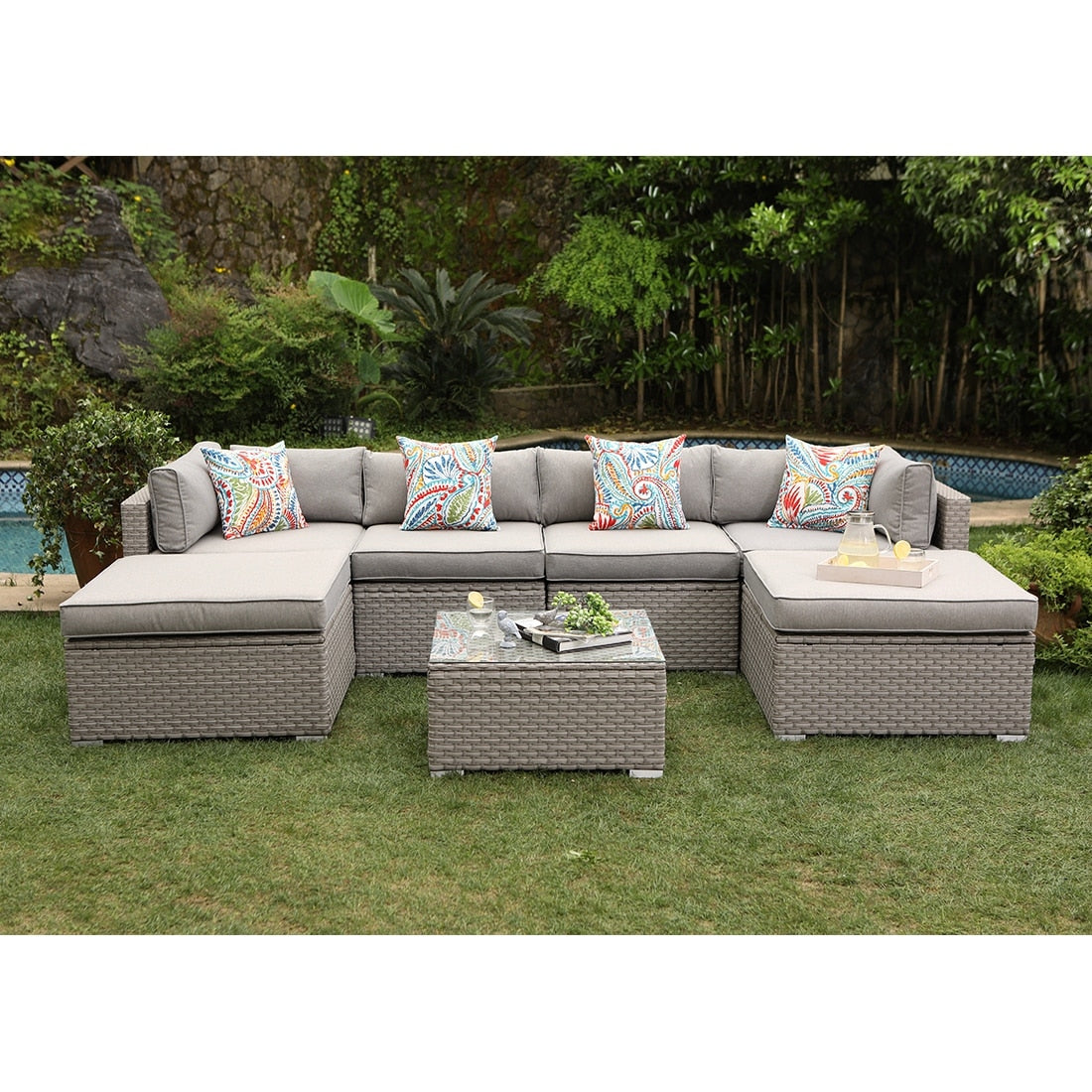 Canapé sectionnel en osier 7 pièces pour patio extérieur COSIEST avec table basse