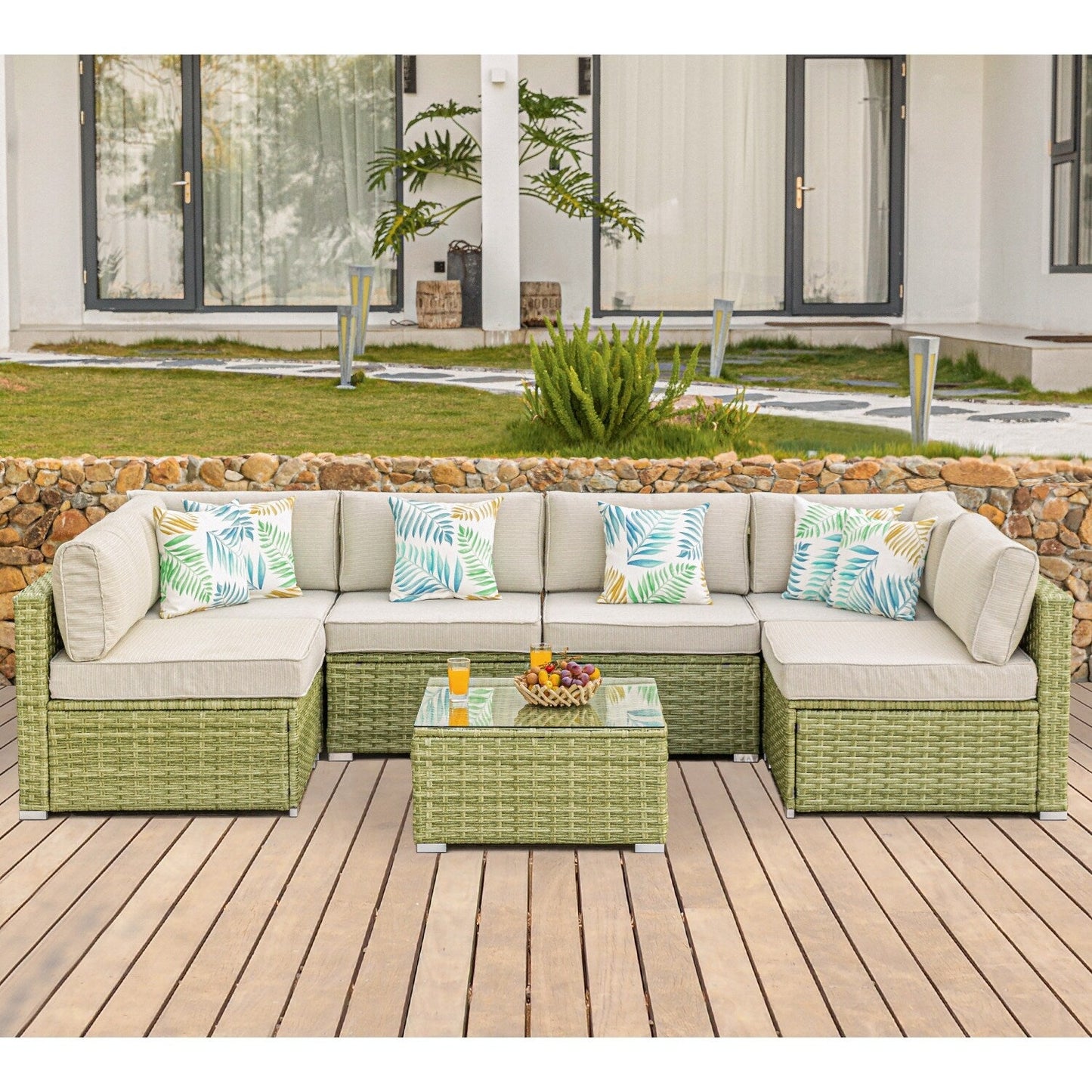 Canapé d'extérieur sectionnel en osier 7 pièces COSIEST avec table basse