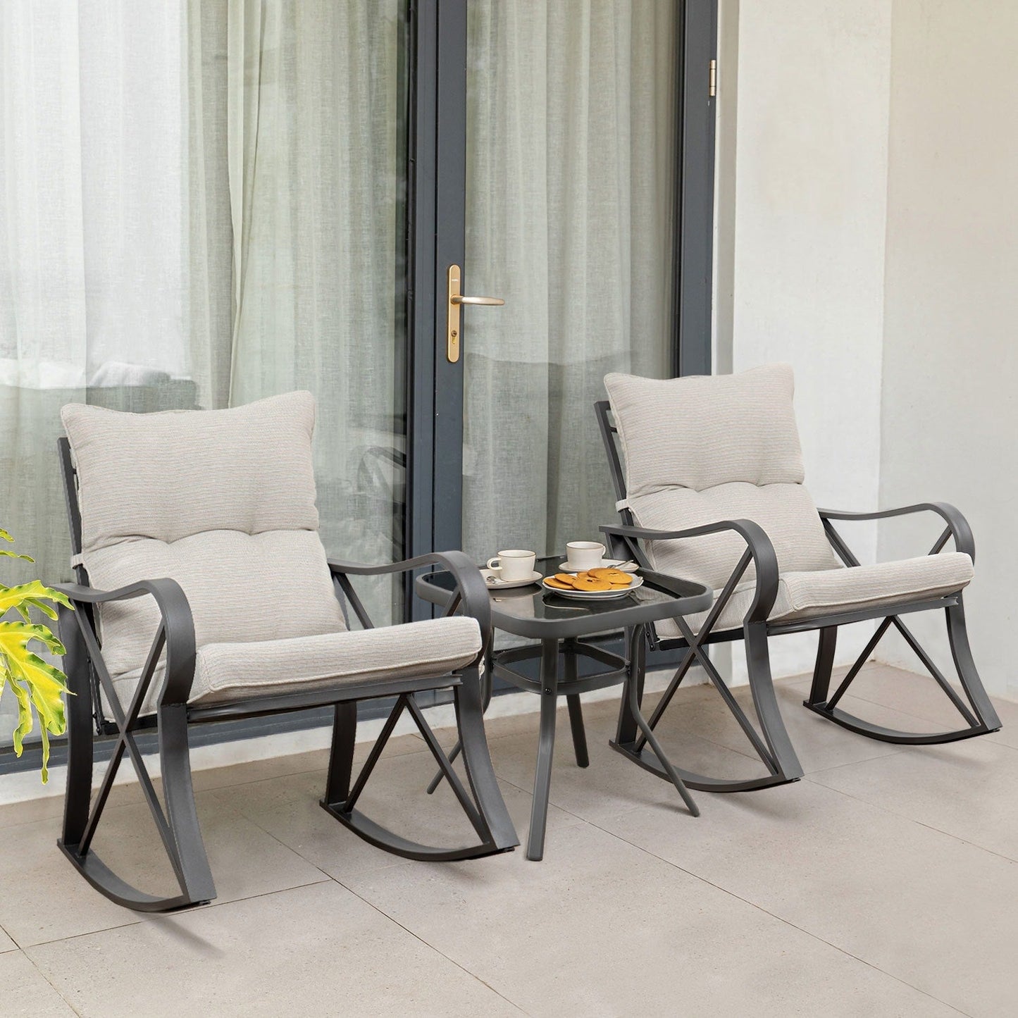 Ensemble de 3 chaises à bascule d'extérieur COSIEST avec table d'appoint