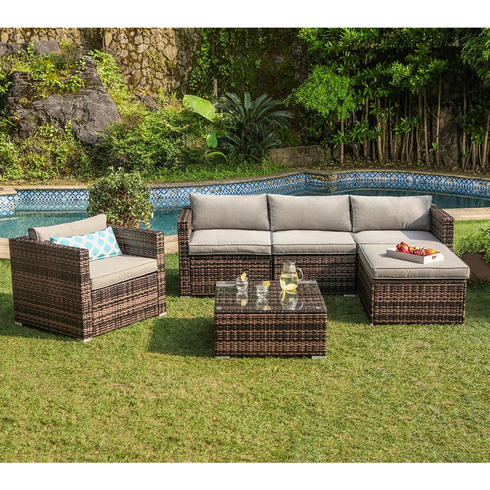 Canapé d'extérieur sectionnel en osier 6 pièces COSIEST, fauteuil avec pouf