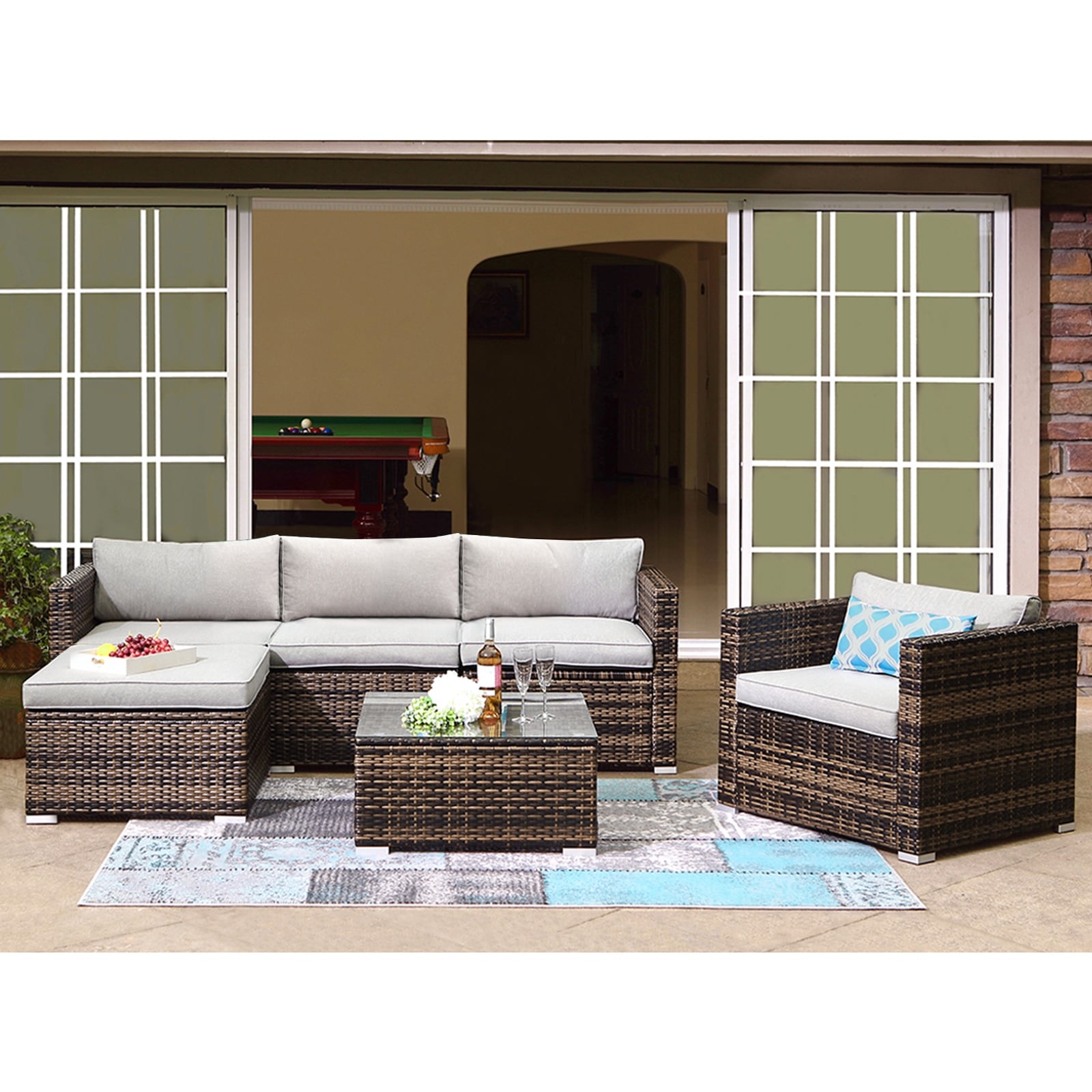 Canapé d'extérieur sectionnel en osier 6 pièces COSIEST, fauteuil avec pouf