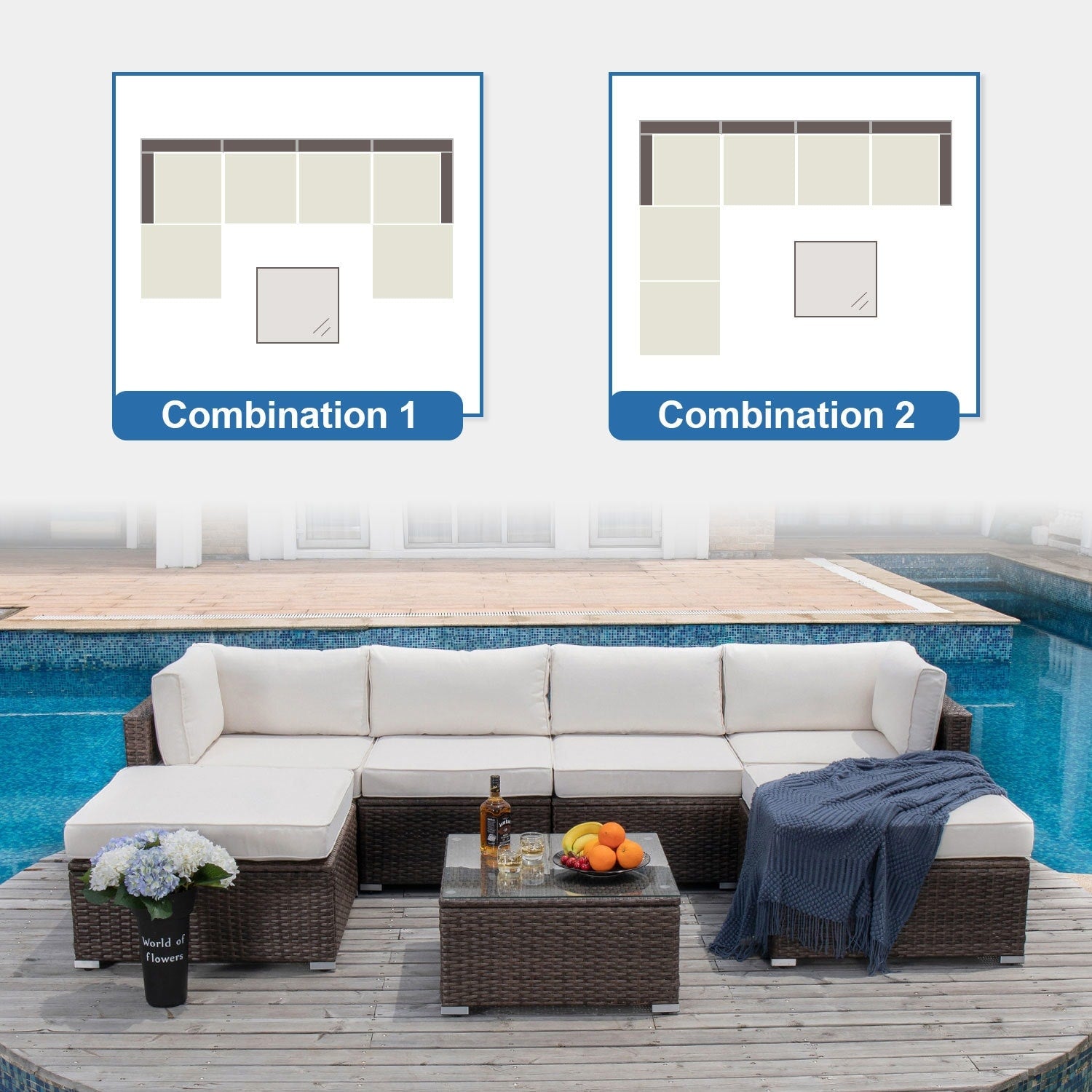 Canapé sectionnel en osier 7 pièces pour patio extérieur COSIEST avec table basse
