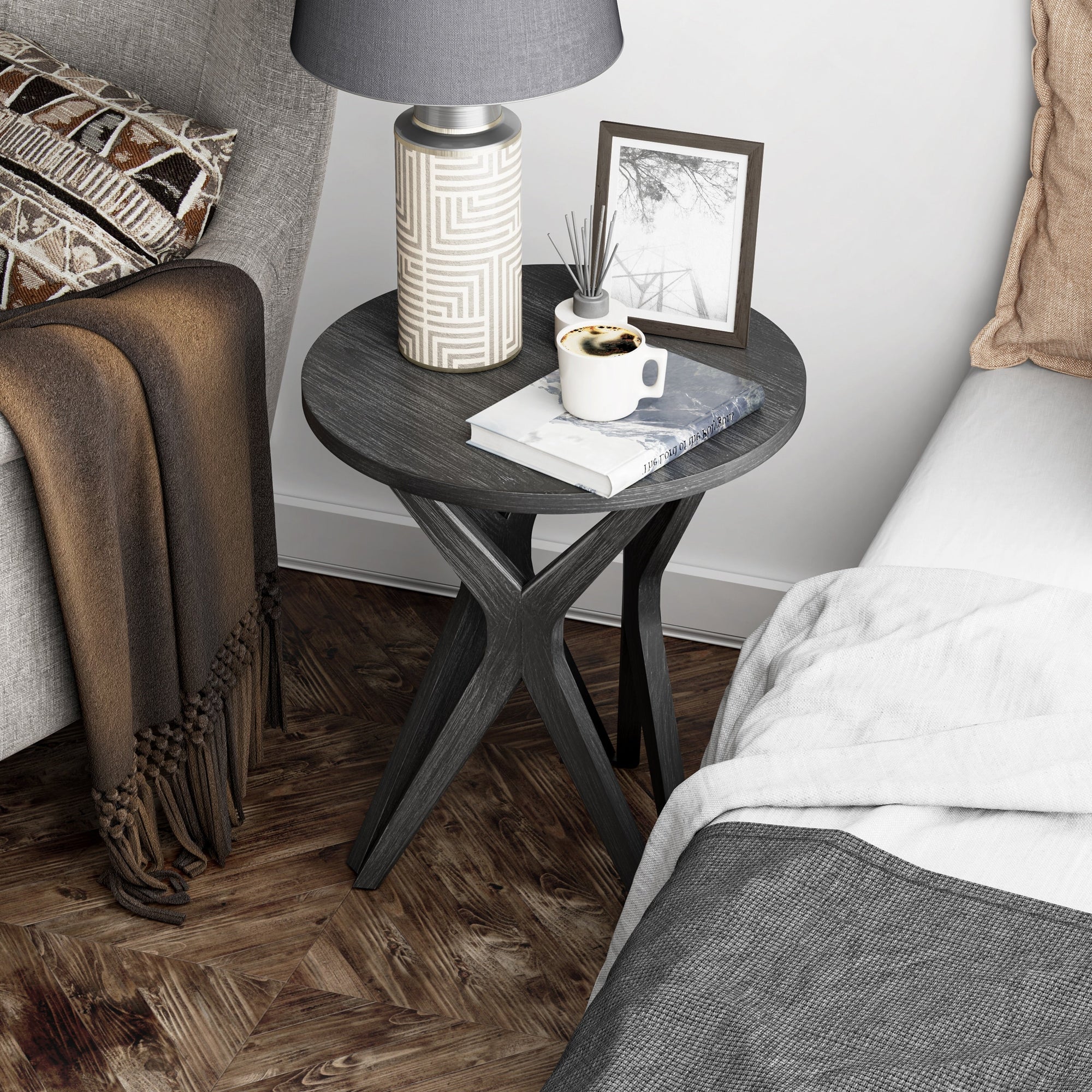 COZAYH Pedestal Farmhouse End Table, Distressed Top with Base for Modern Farmhouse, Boho Decor, Round