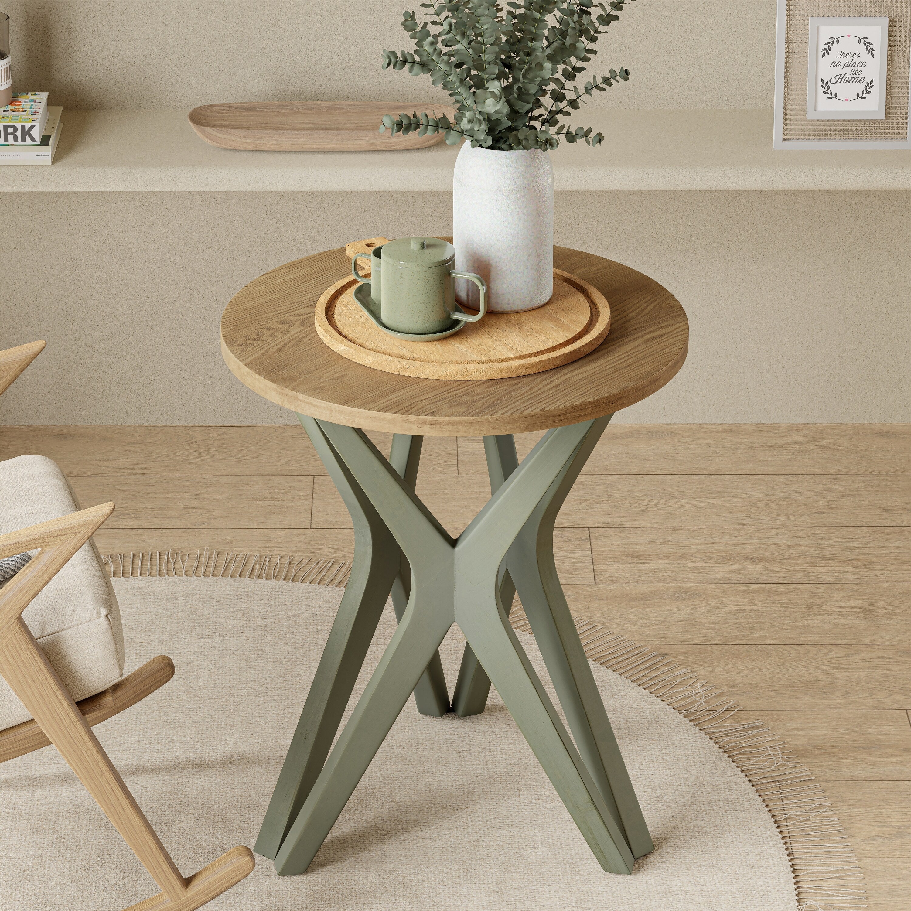 Table d'appoint ronde style campagnard avec piédestal et base vieillie pour une décoration de style campagnard moderne et bohème.