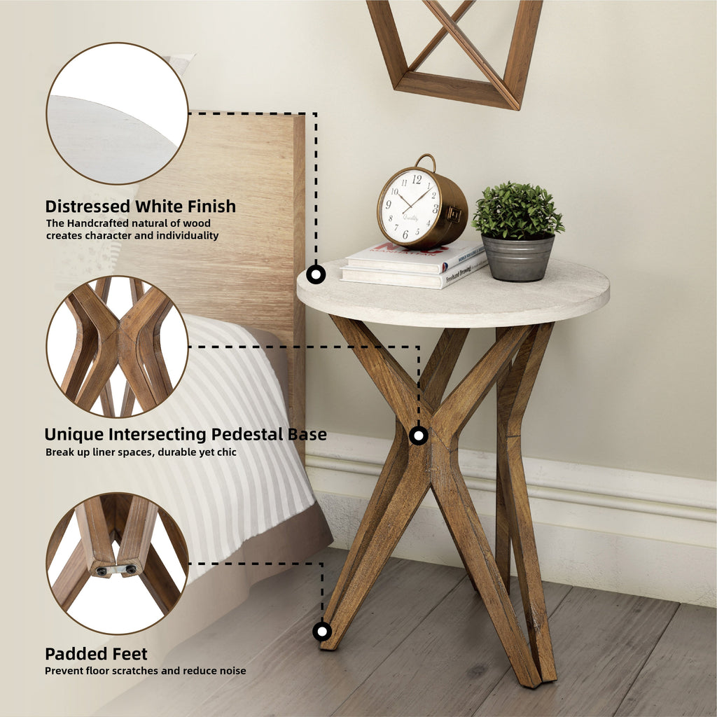 COZAYH Pedestal Farmhouse End Table, Distressed Top with Base for Modern Farmhouse, Boho Decor, Round