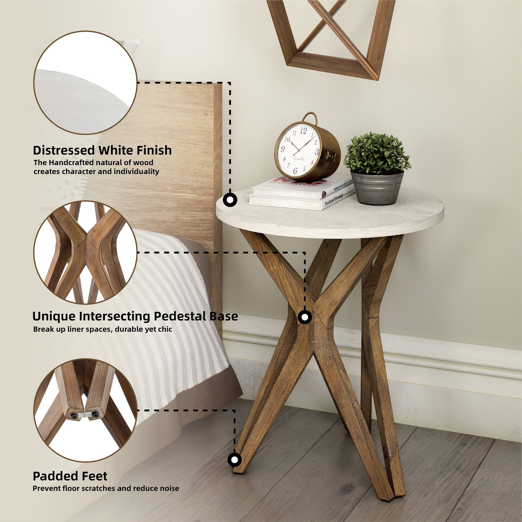 COZAYH Pedestal Farmhouse End Table, Distressed Top with Base for Modern Farmhouse, Boho Decor, Round