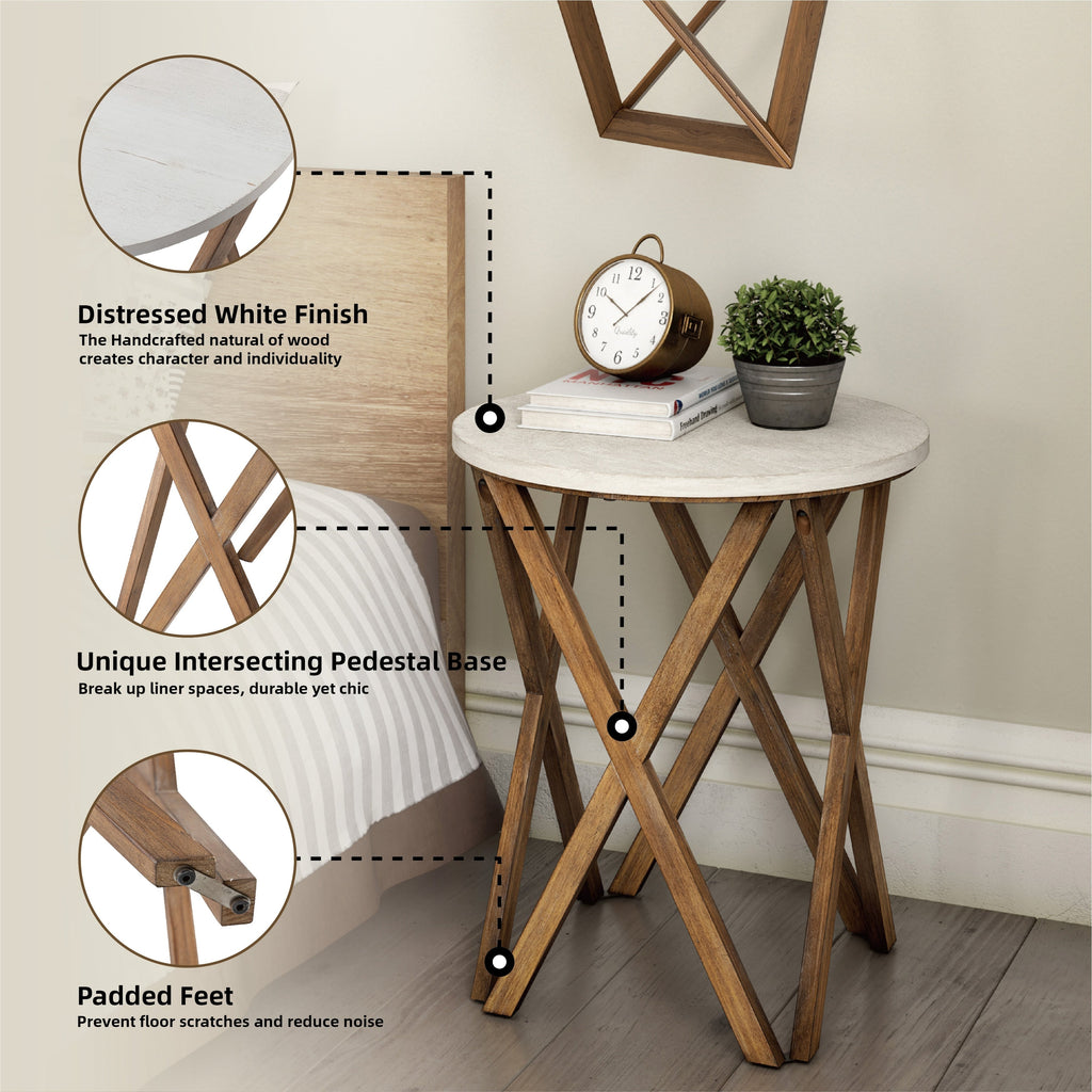 COZAYH Pedestal Farmhouse End Table, Distressed Top with Base for Modern Farmhouse, Boho Decor, Round
