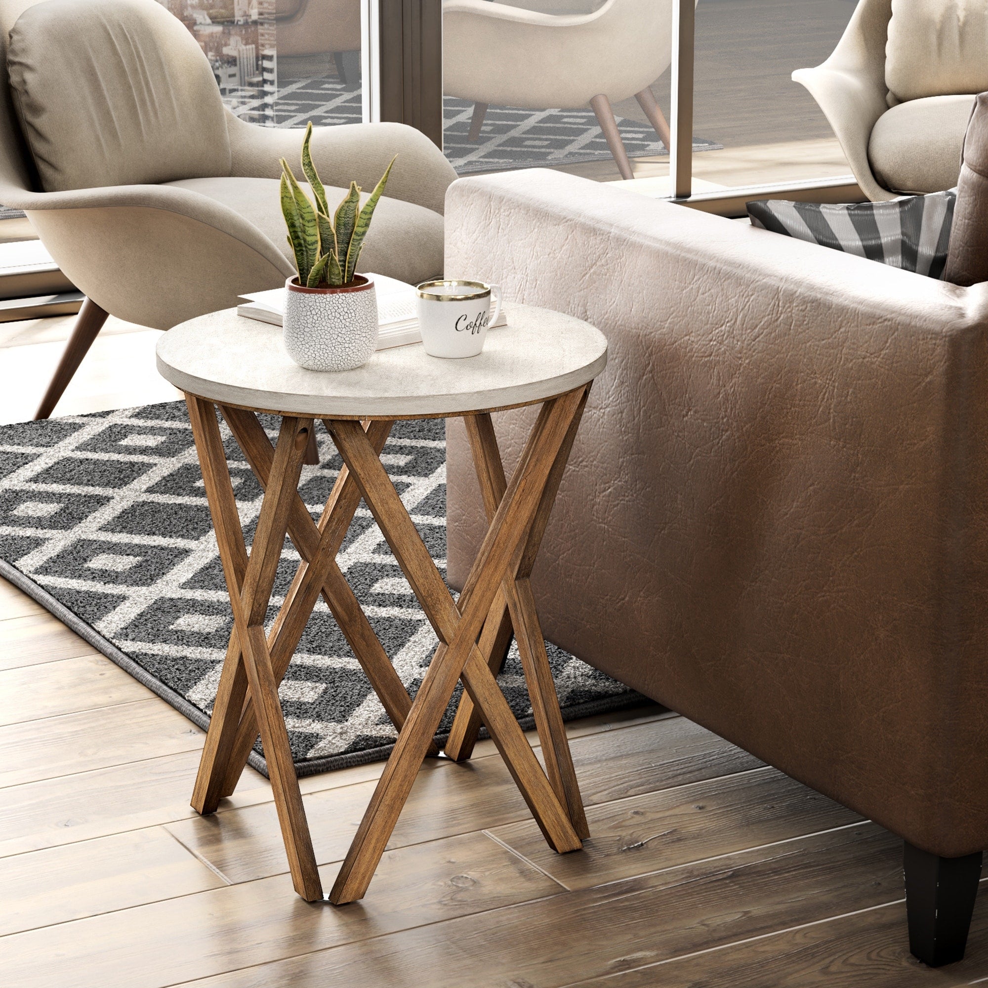 Table d'appoint ronde style campagnard avec piédestal et base vieillie pour une décoration de style campagnard moderne et bohème.