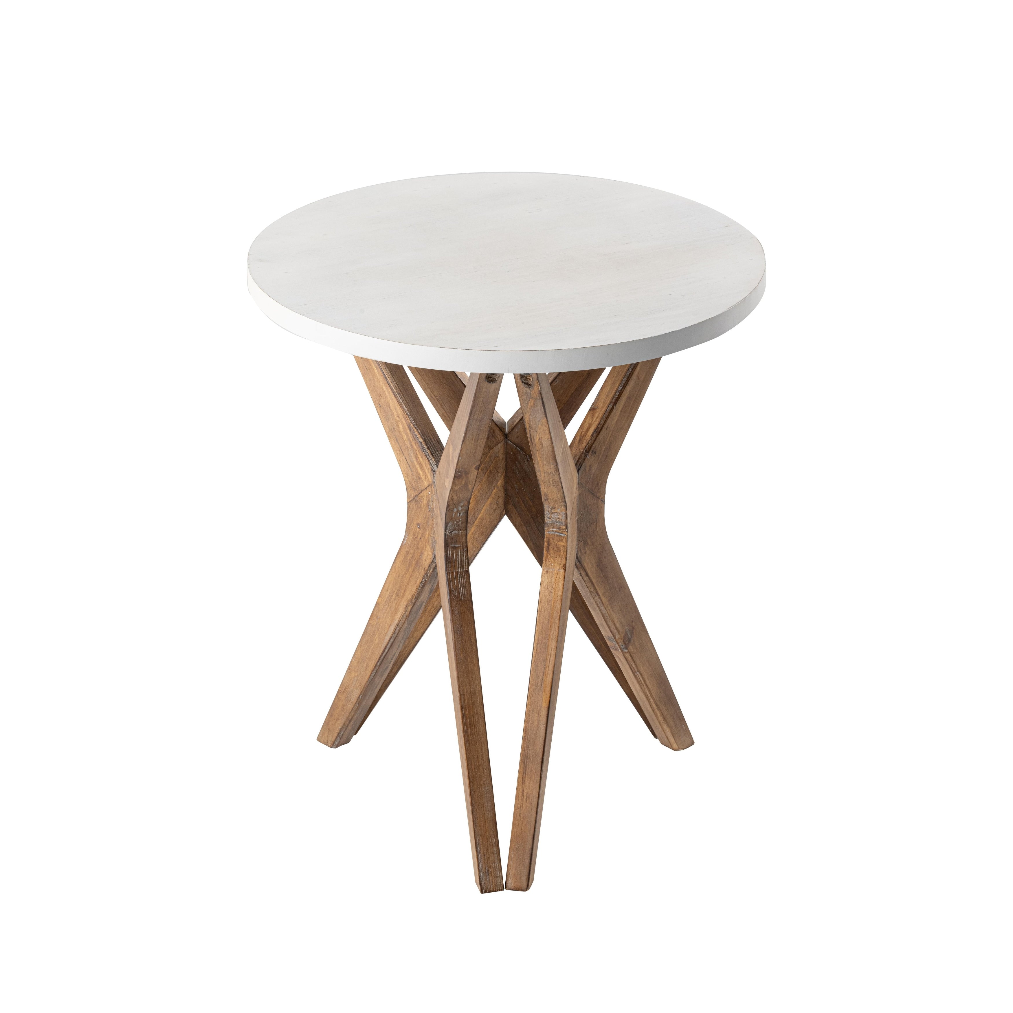 Table d'appoint ronde style campagnard avec piédestal et base vieillie pour une décoration de style campagnard moderne et bohème.