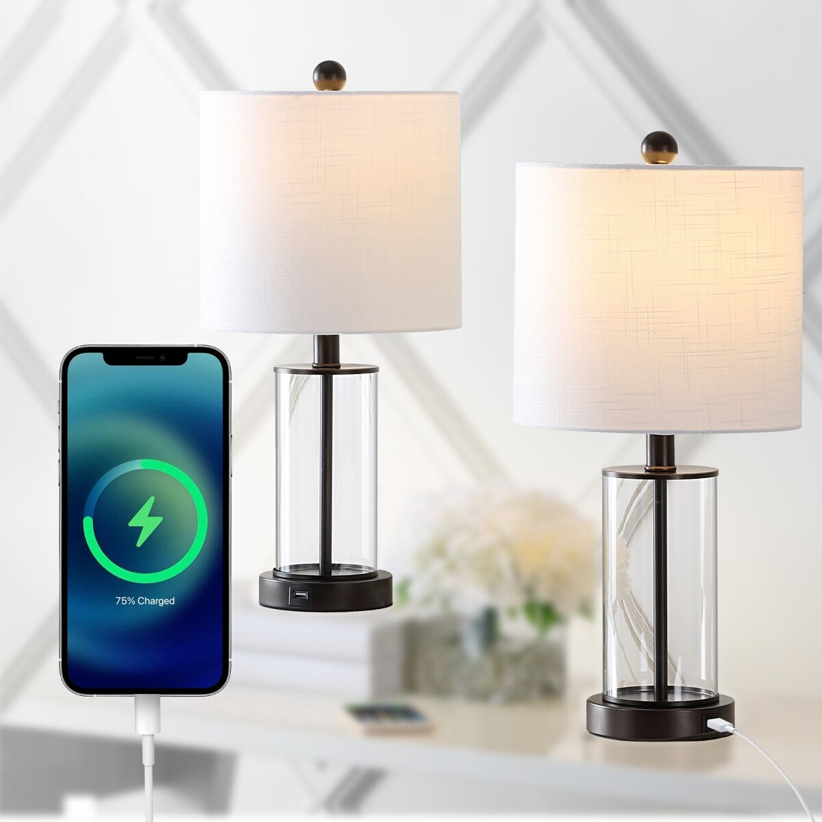 Lampe de table LED contemporaine Cabell 21 en verre, chargement USB, bronze huilé (lot de 2) par JONATHAN Y