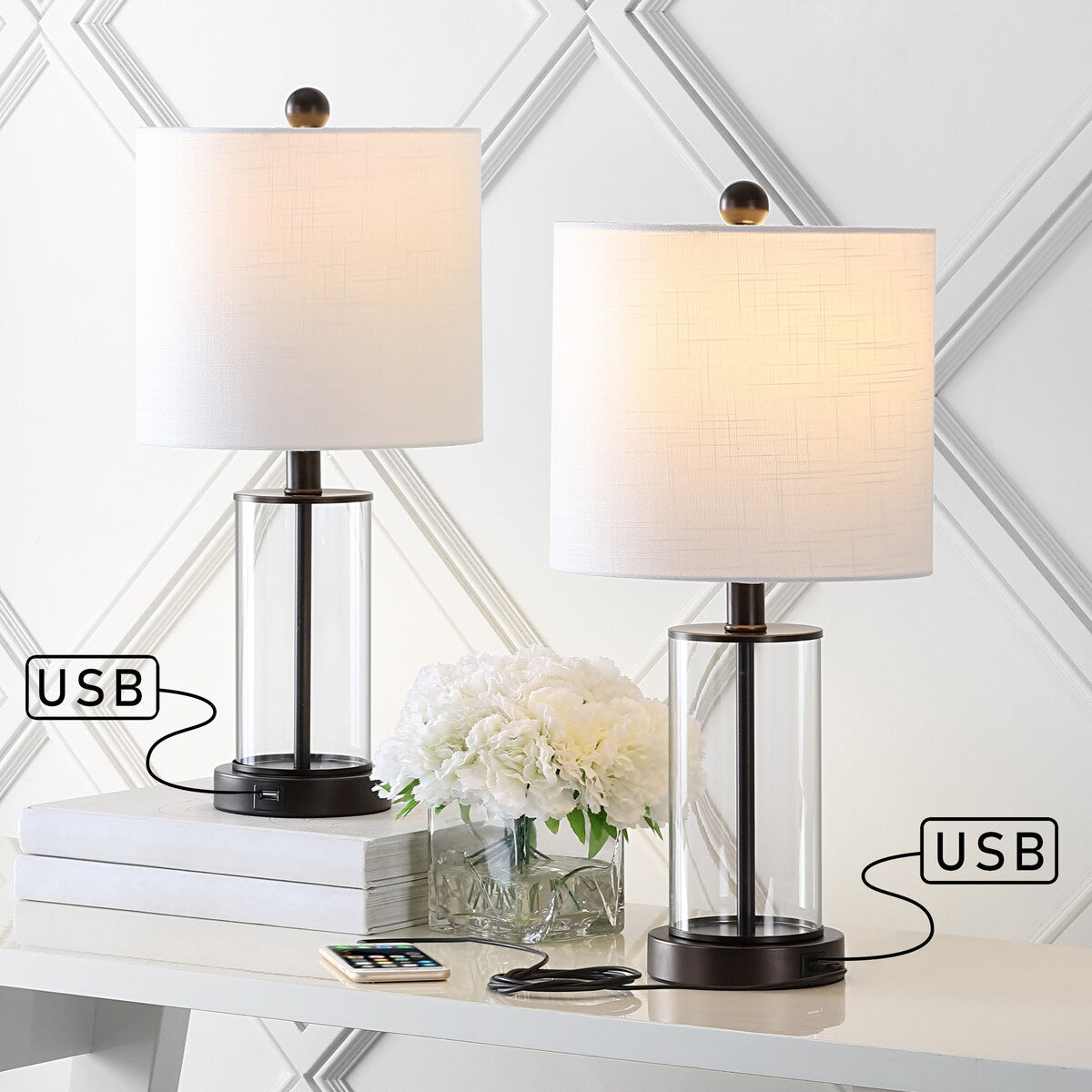 Lampe de table LED contemporaine Cabell 21 en verre, chargement USB, bronze huilé (lot de 2) par JONATHAN Y