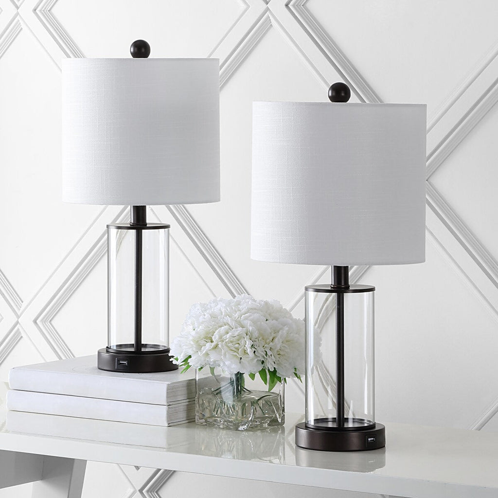 Lampe de table LED contemporaine Cabell 21 en verre, chargement USB, bronze huilé (lot de 2) par JONATHAN Y