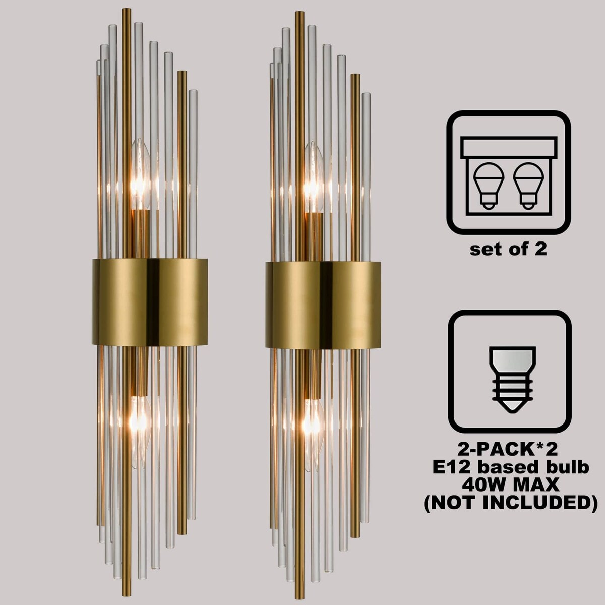 Applique murale moderne en métal Cabrera avec de belles tiges en verre transparent pour salle de bain, lot de 2