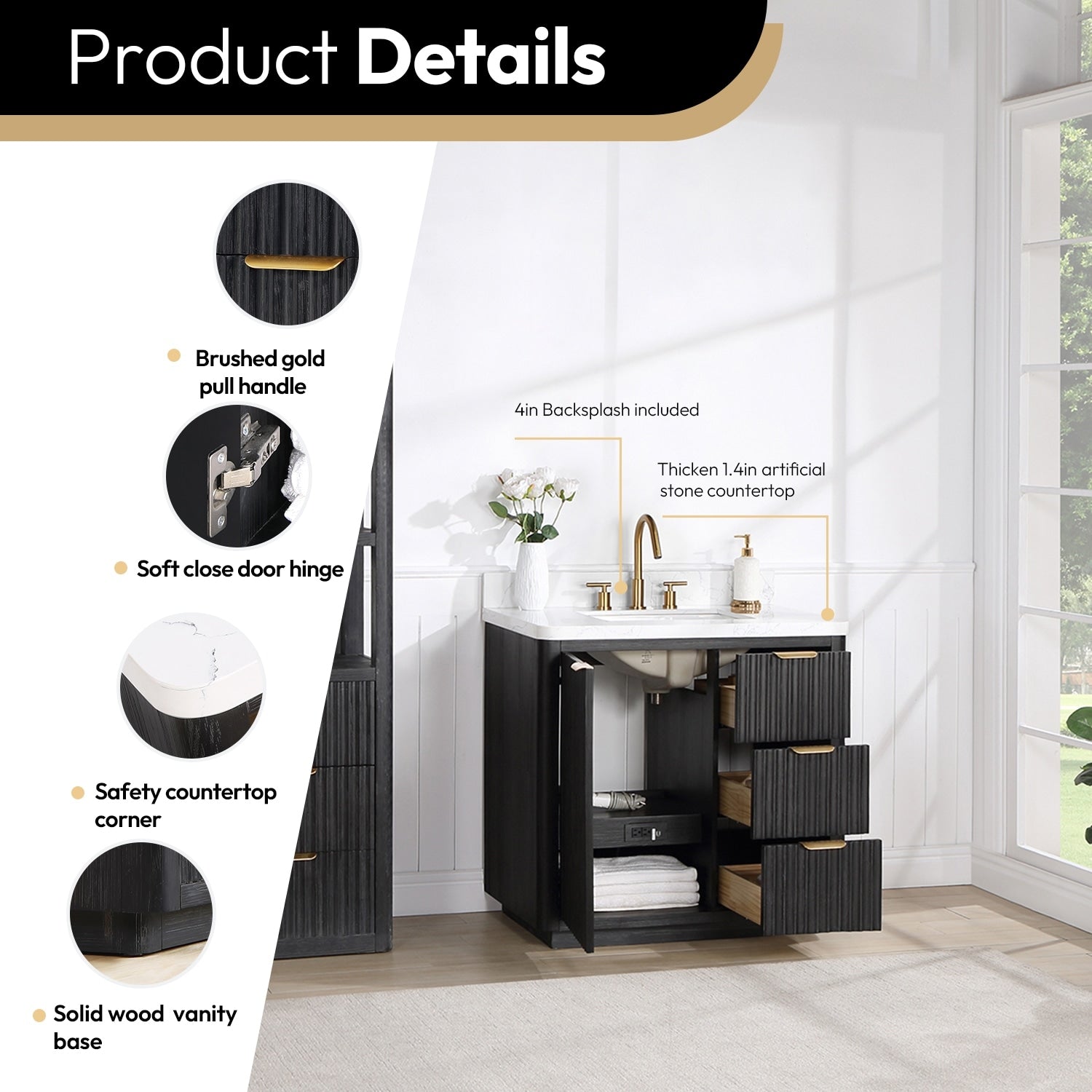 Meuble-lavabo Cadiz avec dessus en pierre composite sans miroir