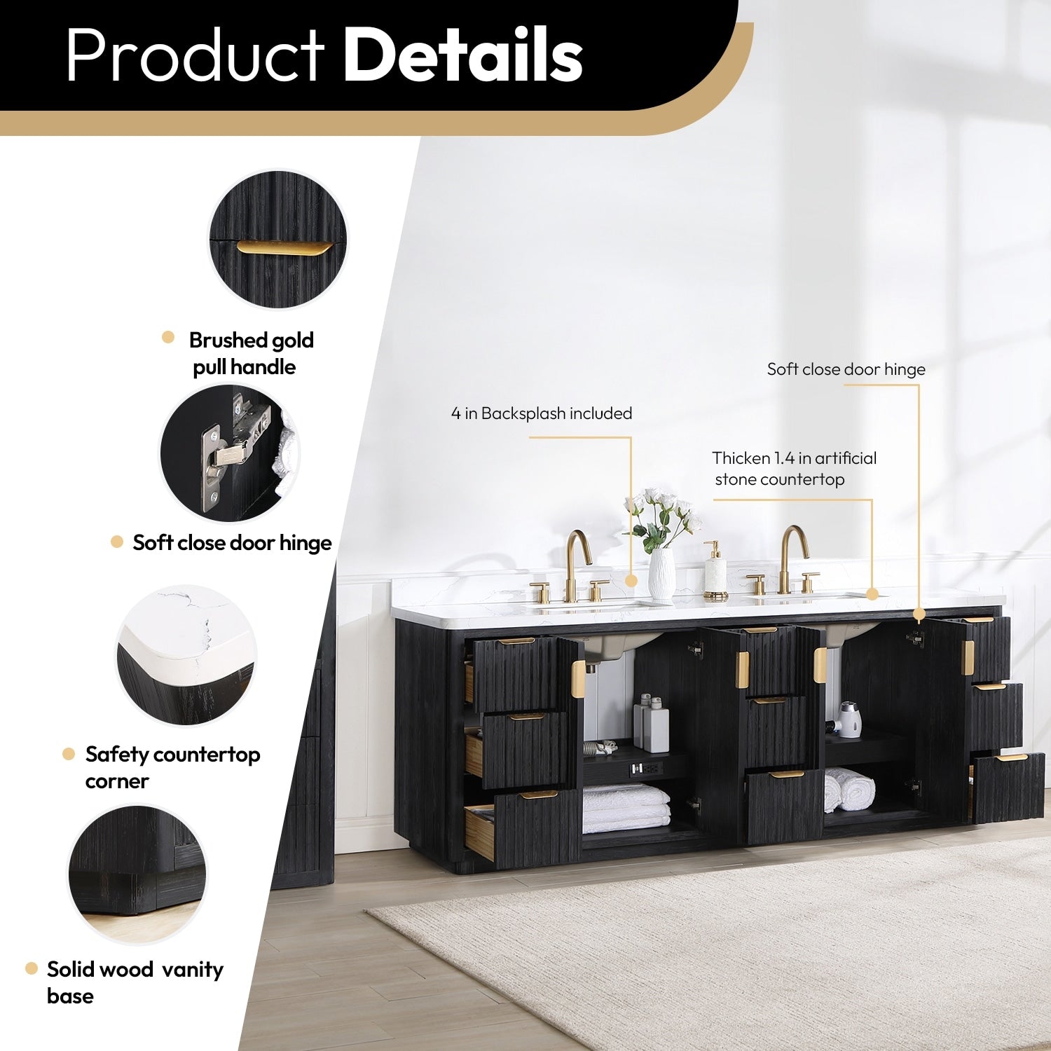 Meuble-lavabo Cadiz avec dessus en pierre composite sans miroir
