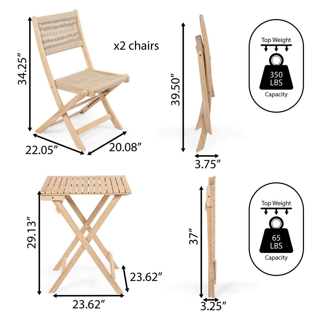 Ensemble bistrot d'extérieur pliant 3 pièces en bois d'acacia Cadiz Modern Coastal, par JONATHAN Y