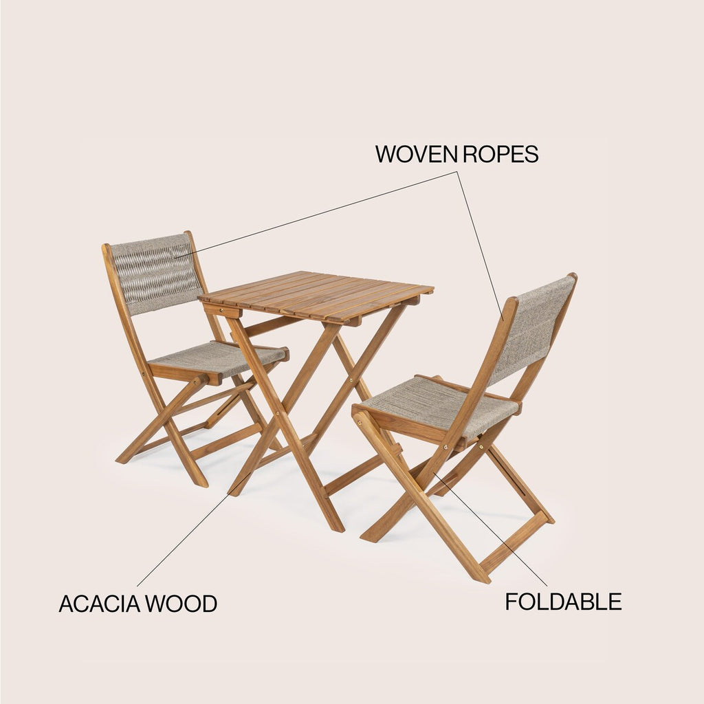 Ensemble bistrot d'extérieur pliant 3 pièces en bois d'acacia Cadiz Modern Coastal, par JONATHAN Y