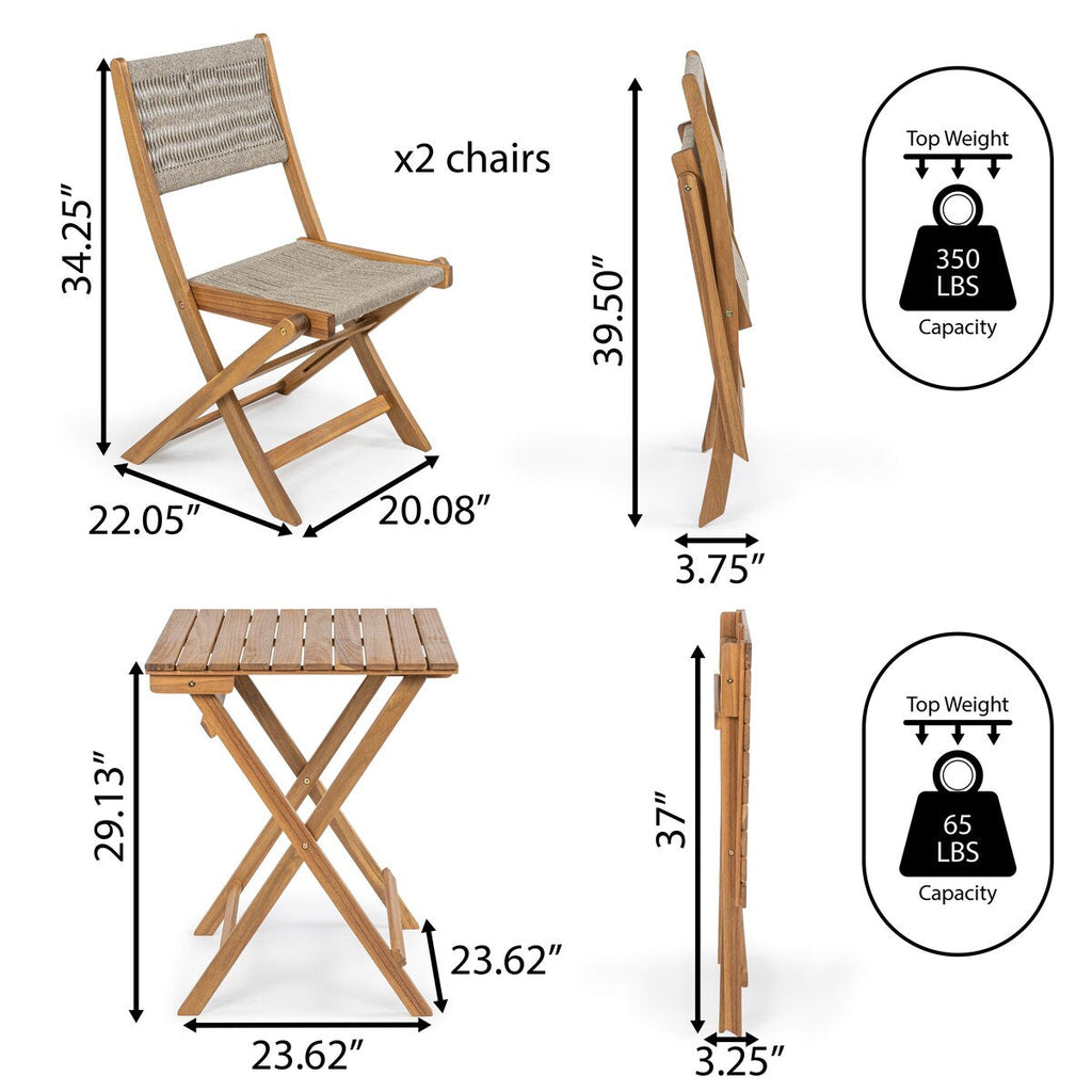 Ensemble bistrot d'extérieur pliant 3 pièces en bois d'acacia Cadiz Modern Coastal, par JONATHAN Y