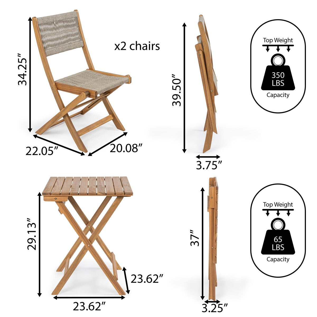 Ensemble bistrot d'extérieur pliant 3 pièces en bois d'acacia Cadiz Modern Coastal, par JONATHAN Y
