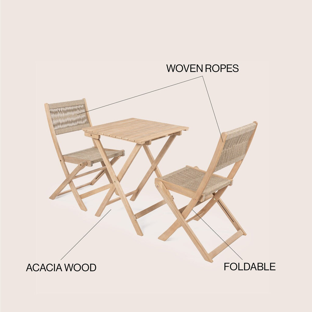 Ensemble bistrot d'extérieur pliant 3 pièces en bois d'acacia Cadiz Modern Coastal, par JONATHAN Y