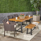 Ensemble de salle à manger d'extérieur Calero 6 pièces en bois et osier avec chaises et banc par Christopher Knight Home