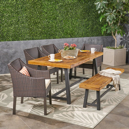 Ensemble de salle à manger d'extérieur Calero 6 pièces en bois et osier avec chaises et banc par Christopher Knight Home