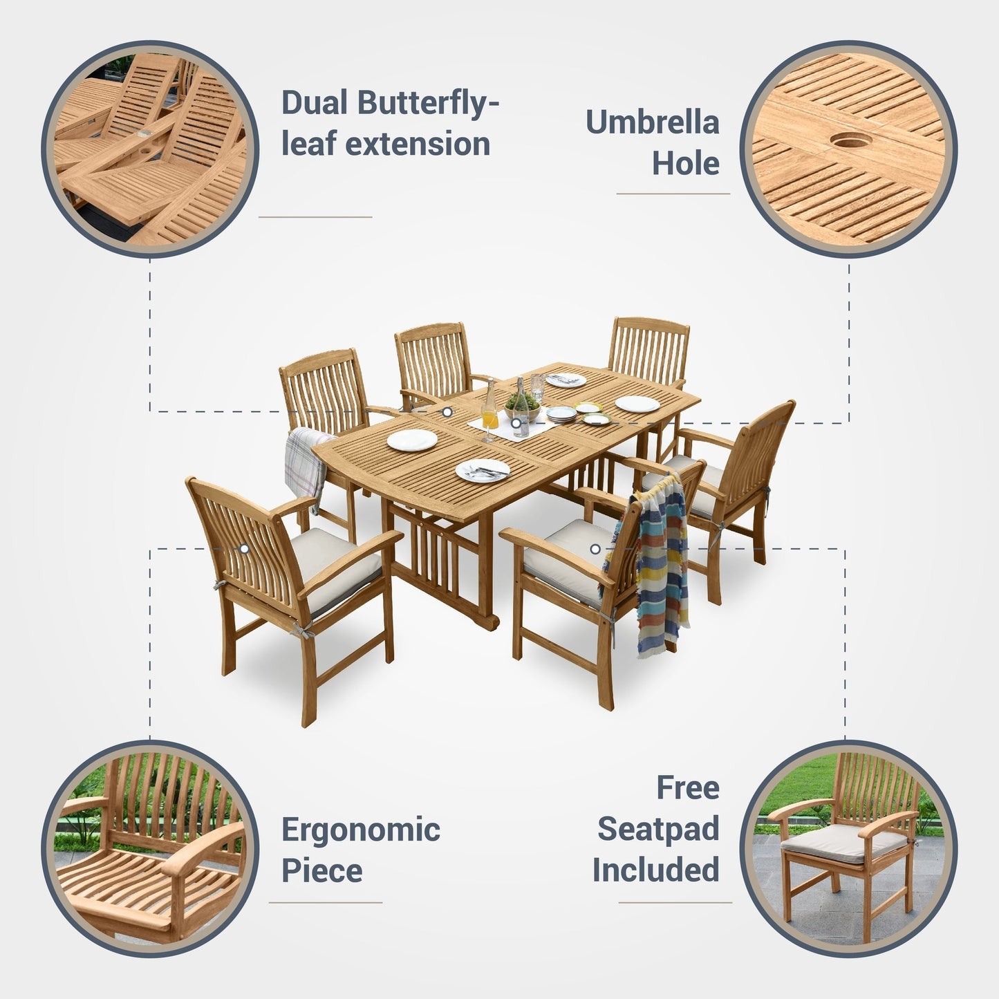 Ensemble de salle à manger extensible Cambridge Casual Chignik 7 pièces en teck pour patio