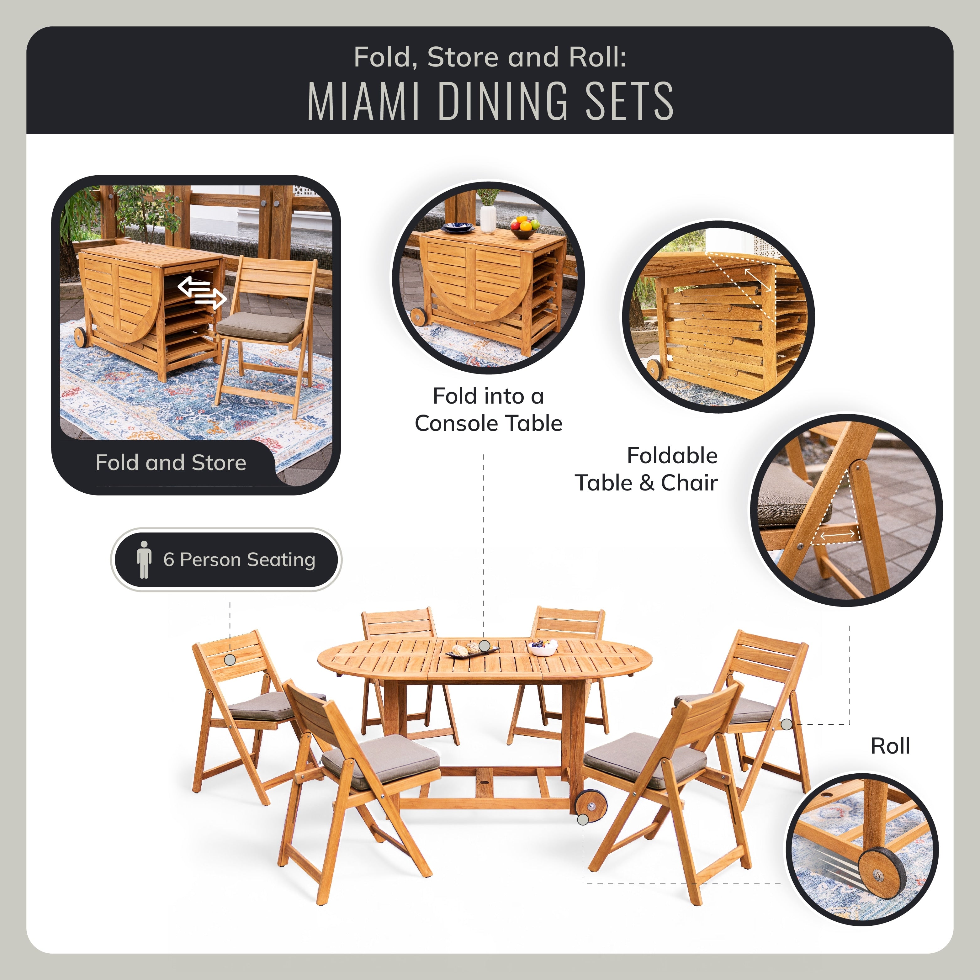 Ensemble de salle à manger d'extérieur pliable Cambridge Casual Miami 7 pièces en teck avec coussin de siège Sunbrella