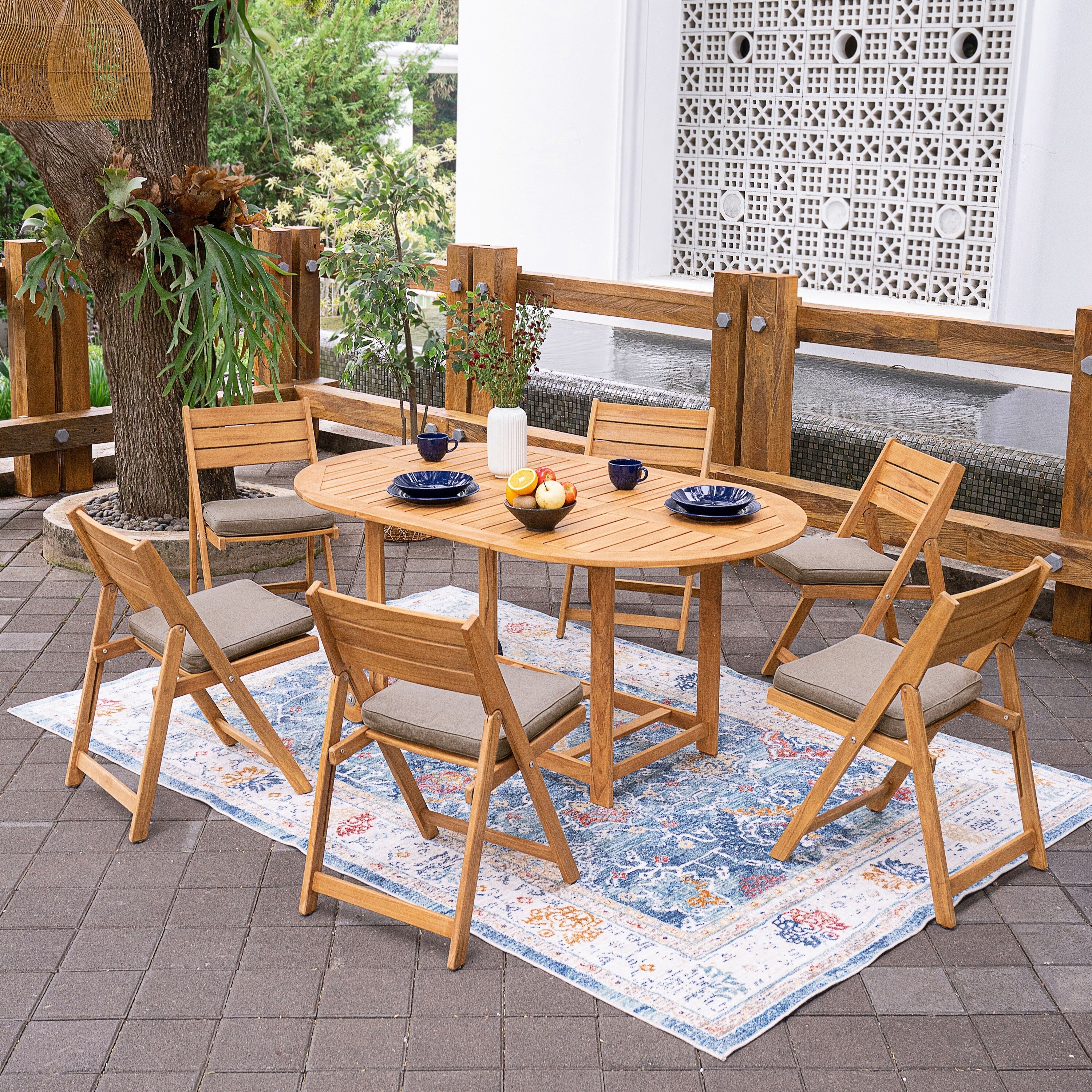 Ensemble de salle à manger d'extérieur pliable Cambridge Casual Miami 7 pièces en teck avec coussin de siège Sunbrella