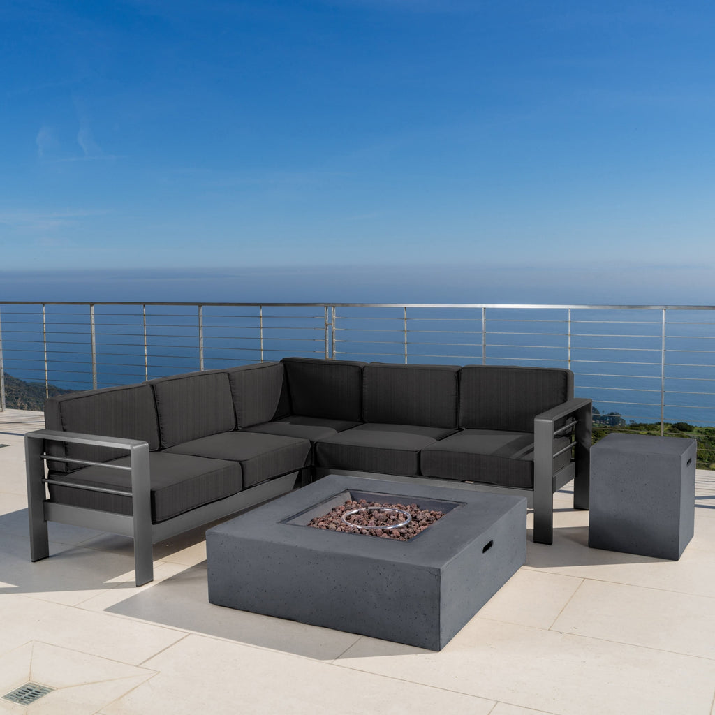 Ensemble de canapés d'extérieur en aluminium Cape Coral avec table à feu par Christopher Knight Home