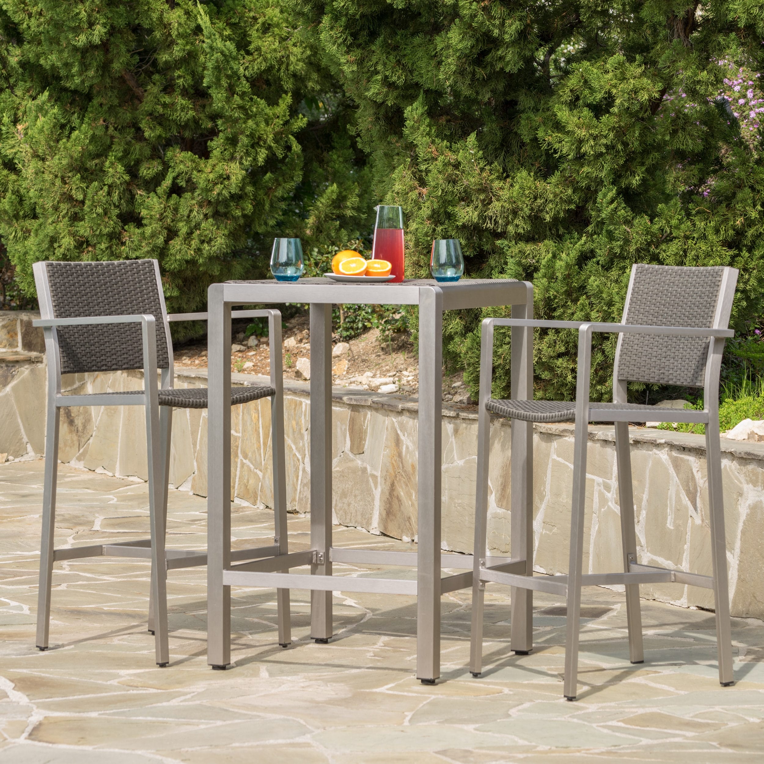 Ensemble de bar d'extérieur Cape Coral 3 pièces en osier avec plateau en osier par Christopher Knight Home
