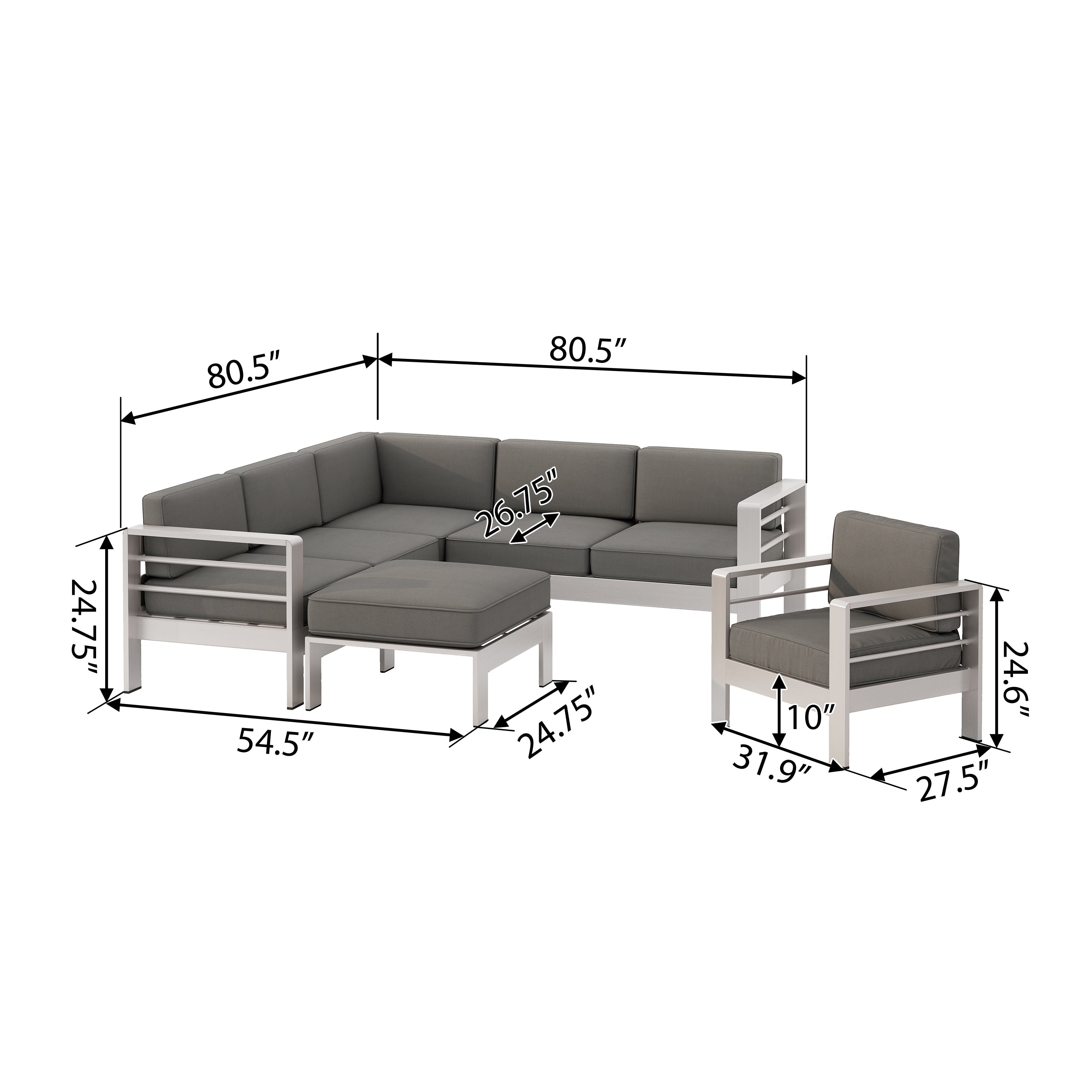 Ensemble de canapés d'extérieur 6 places en V en aluminium avec pouf Cape Coral par Christopher Knight Home