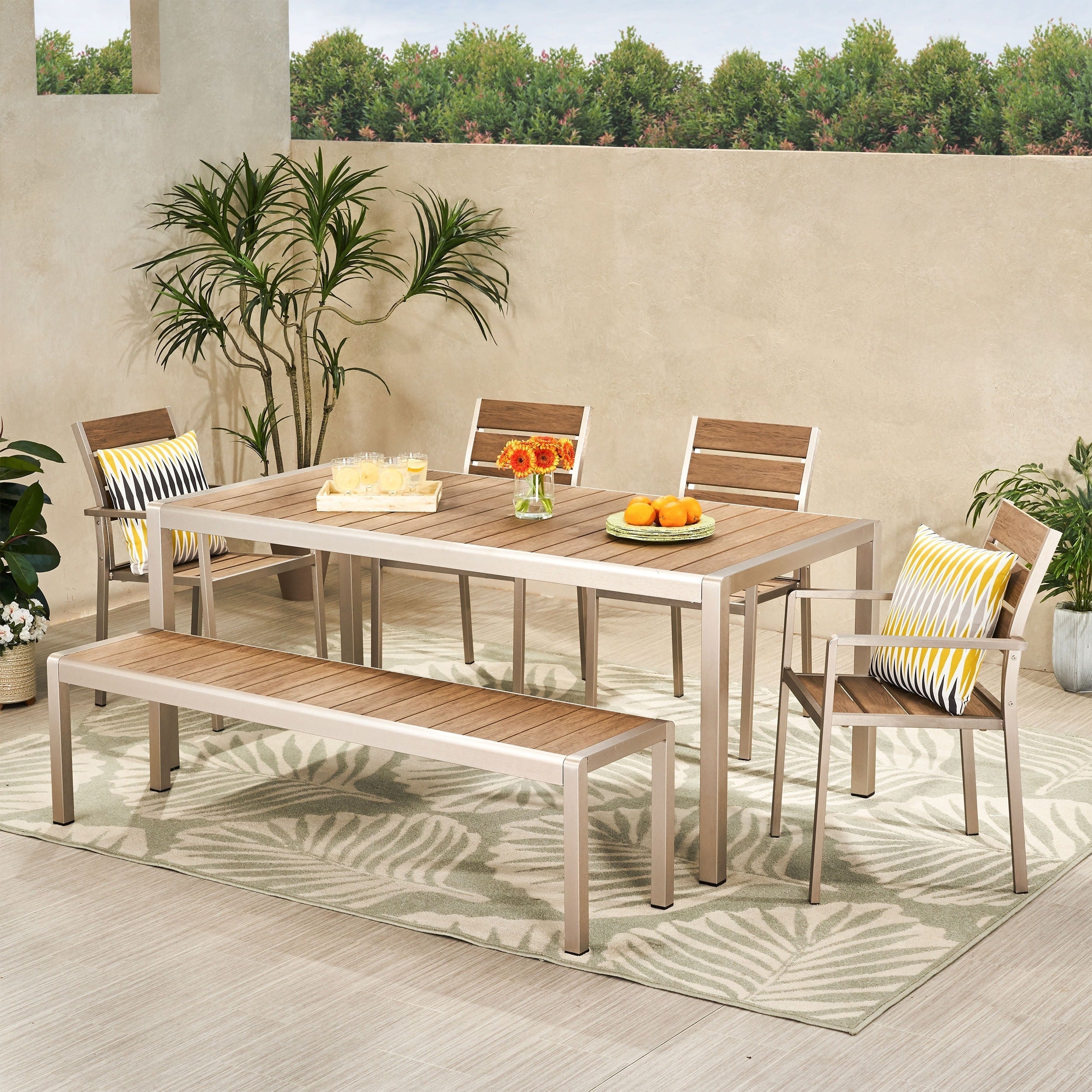 Ensemble de salle à manger d'extérieur moderne en aluminium Cape Coral 6 places avec banc par Christopher Knight Home