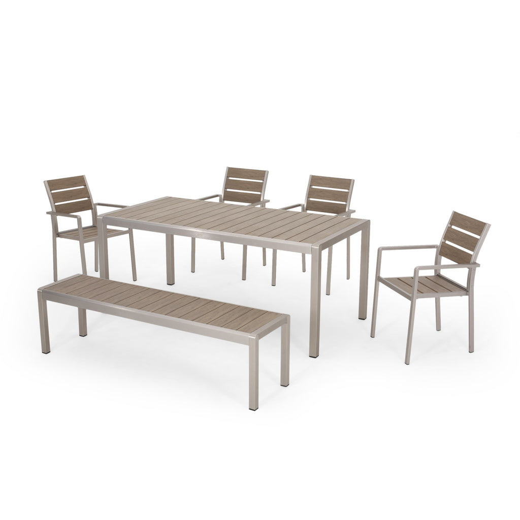 Ensemble de salle à manger d'extérieur moderne en aluminium Cape Coral 6 places avec banc par Christopher Knight Home