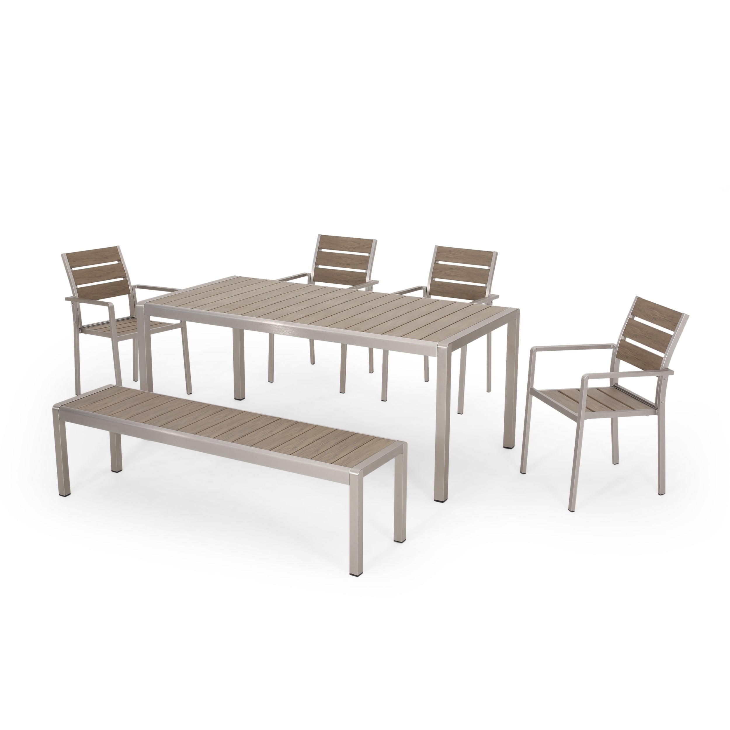 Ensemble de salle à manger d'extérieur moderne en aluminium Cape Coral 6 places avec banc par Christopher Knight Home