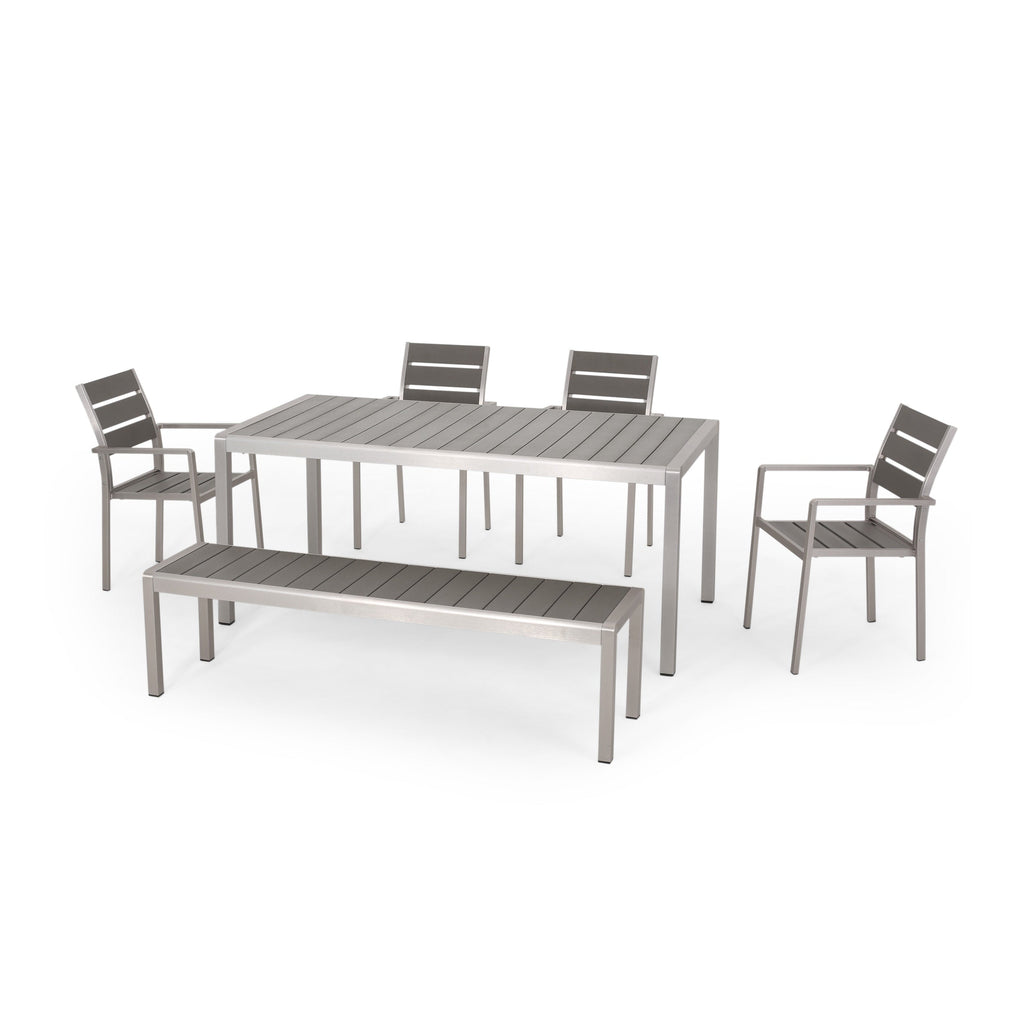 Ensemble de salle à manger d'extérieur moderne en aluminium Cape Coral 6 places avec banc par Christopher Knight Home