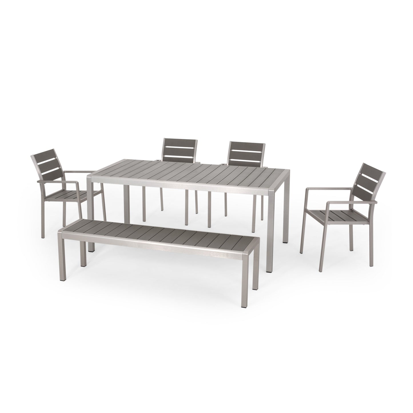 Ensemble de salle à manger d'extérieur moderne en aluminium Cape Coral 6 places avec banc par Christopher Knight Home
