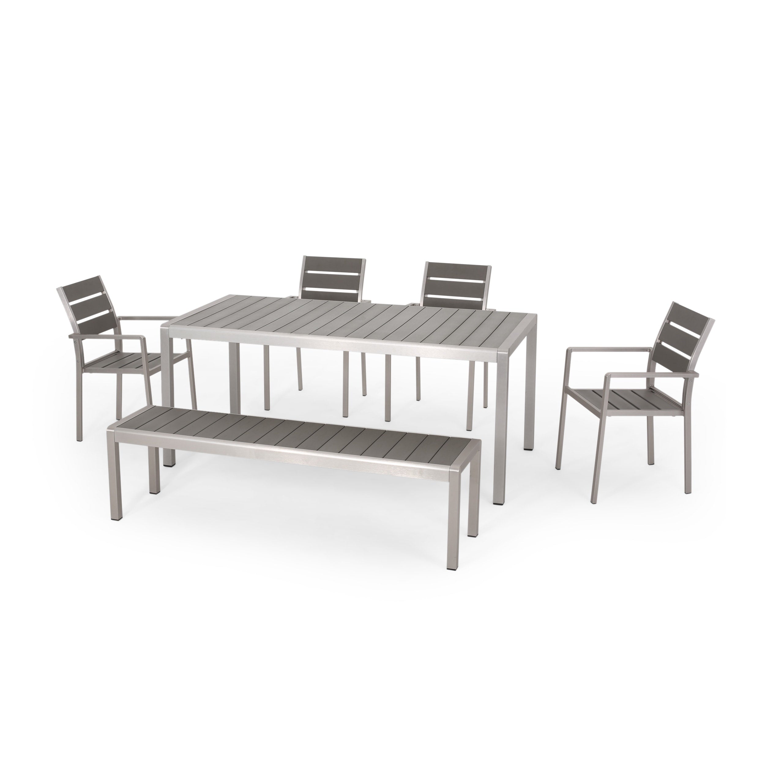 Ensemble de salle à manger d'extérieur moderne en aluminium Cape Coral 6 places avec banc par Christopher Knight Home