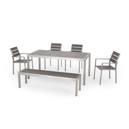 Ensemble de salle à manger d'extérieur moderne en aluminium Cape Coral 6 places avec banc par Christopher Knight Home