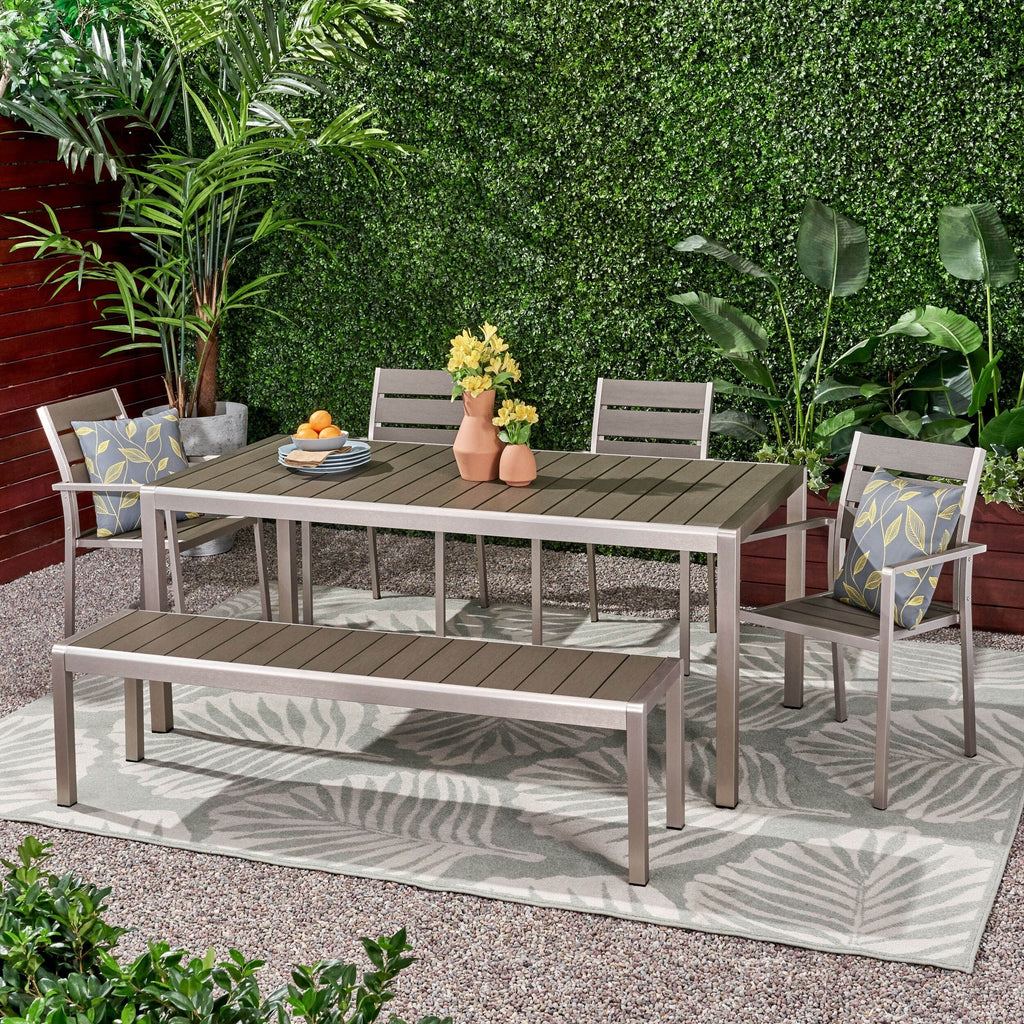 Ensemble de salle à manger d'extérieur moderne en aluminium Cape Coral 6 places avec banc par Christopher Knight Home