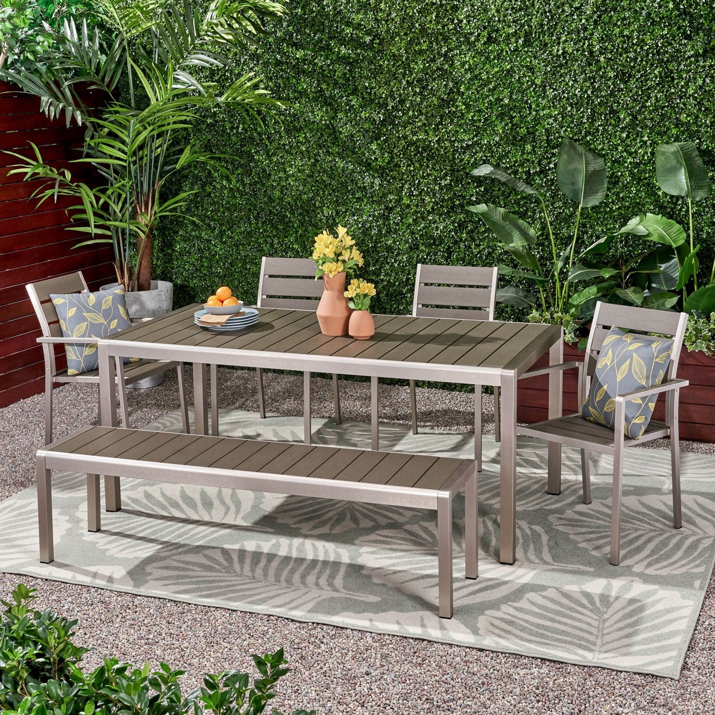 Ensemble de salle à manger d'extérieur moderne en aluminium Cape Coral 6 places avec banc par Christopher Knight Home