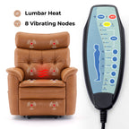 Fauteuil inclinable électrique en cuir caramel avec massage 8 points, chauffage lombaire, port USB, position à plat