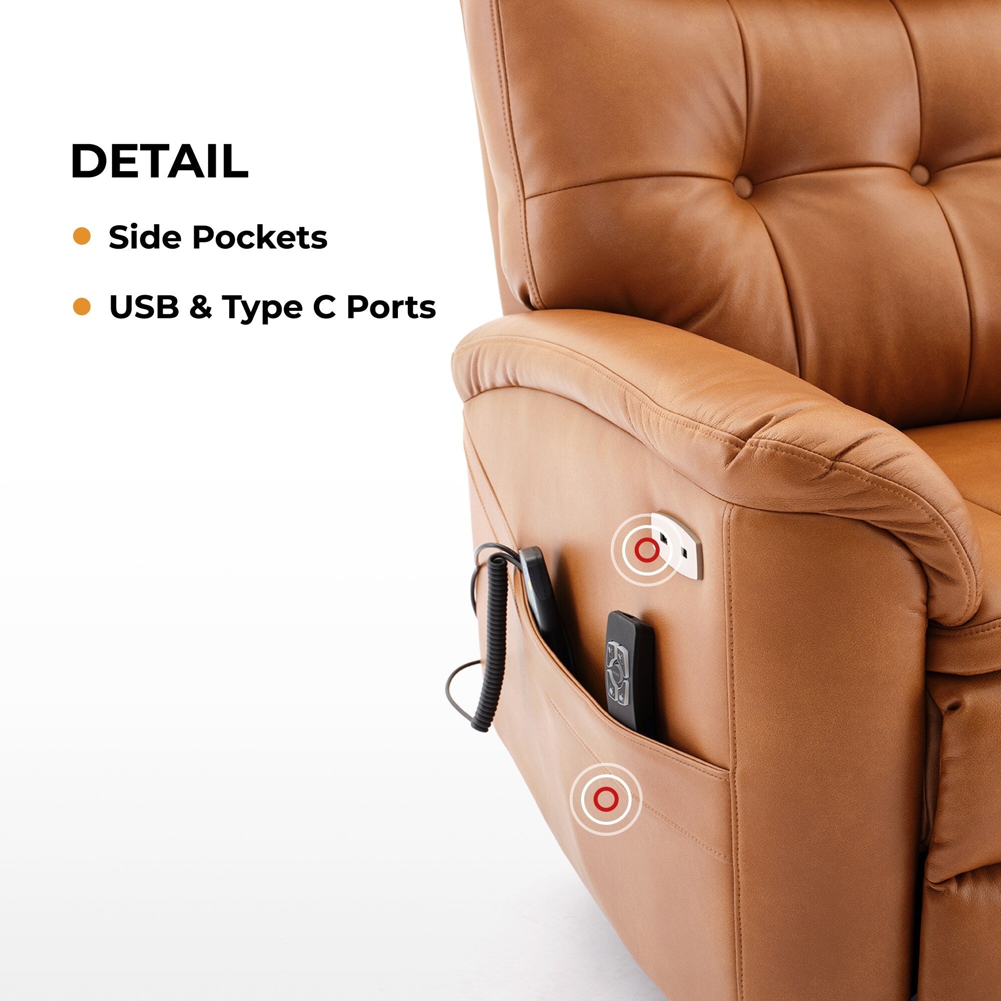 Fauteuil inclinable électrique en cuir caramel avec massage 8 points, chauffage lombaire, port USB, position à plat