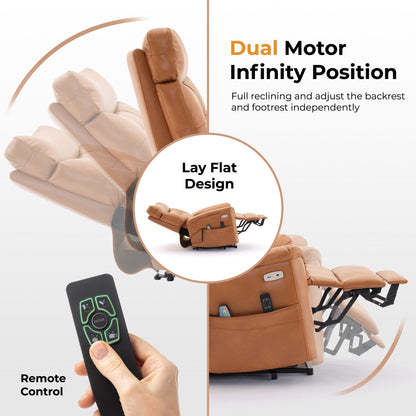 Fauteuil inclinable électrique en cuir caramel avec massage 8 points, chauffage lombaire, port USB, position à plat