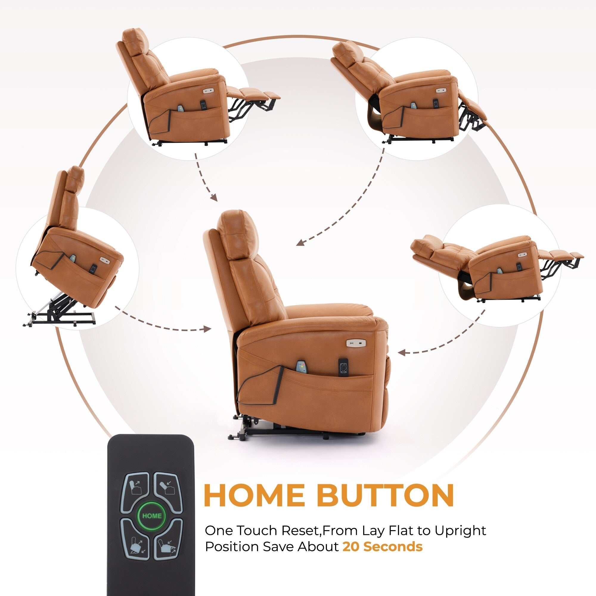 Fauteuil inclinable électrique en cuir caramel avec massage 8 points, chauffage lombaire, ports USB et Type-C, conception à plat