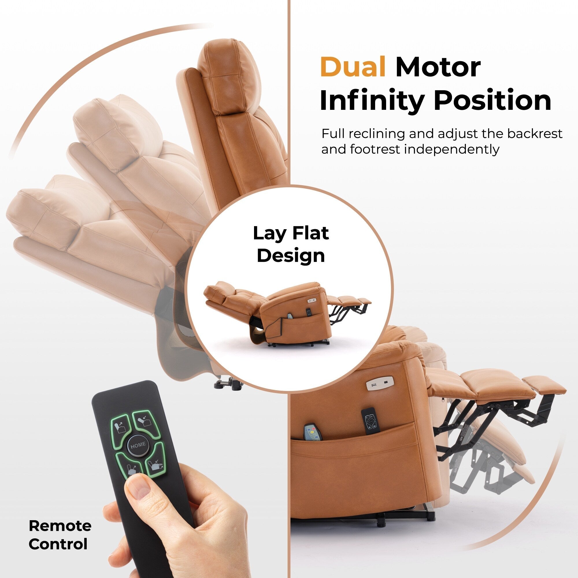 Fauteuil inclinable électrique en cuir caramel avec massage 8 points, chauffage lombaire, ports USB et Type-C, conception à plat