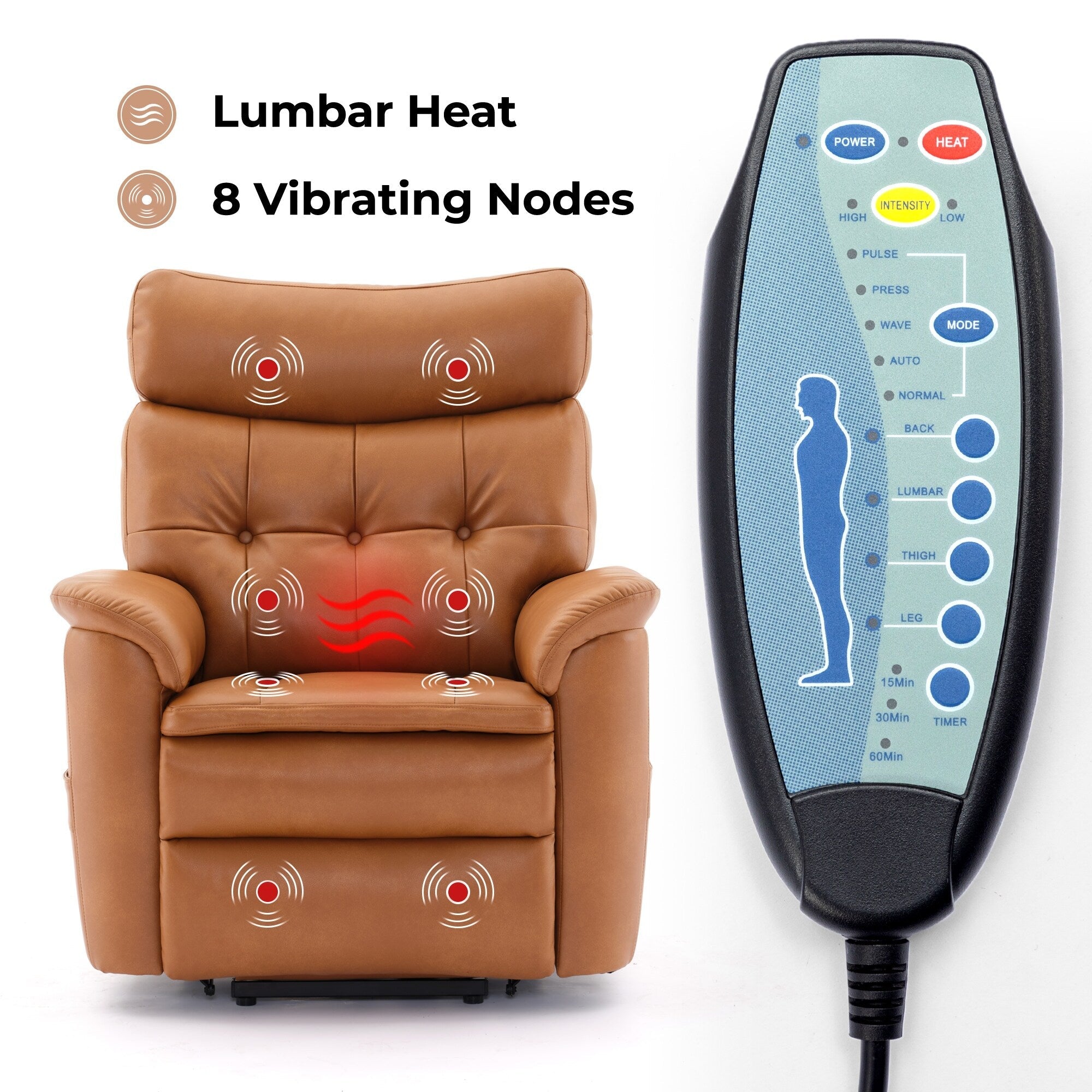 Fauteuil inclinable électrique en cuir caramel avec massage 8 points, chauffage lombaire, ports USB et Type-C, conception à plat