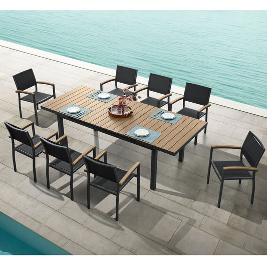 Ensemble de salle à manger d'extérieur Carlo 9 pièces en imitation bois et plastique pour 8 personnes, table extensible et chaises empilables