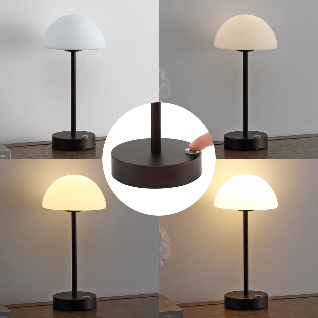 Lampe de table LED intégrée rechargeable sans fil Carson 12,5 cm, minimaliste et moderne, en fer, nickel/blanc, par JONATHAN Y